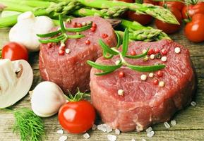 Raw Steak with green asparagus on wooden board