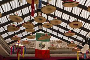 Mexican sombreros hanging down from a glass roof