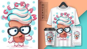 Cute Cartoon Ice Cream with Glasses Poster vector