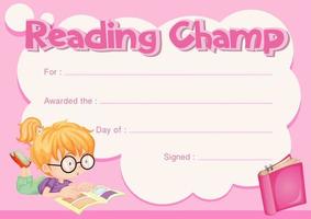 Reading champ certificate template with girl reading book vector