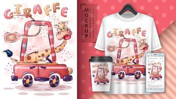 Silly Cartoon Giraffe in Car Poster  vector