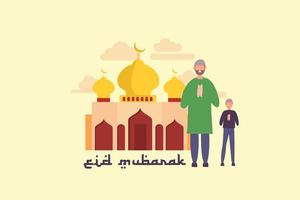 Ramadan Poster with People and Mosque on Yellow vector