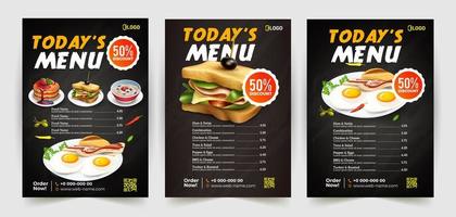 diseño de flyer de comida rápida con 3 opciones de comida vector