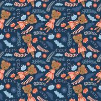 Bear And Flowers On Dark Background Seamless Pattern vector