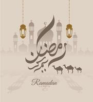 tarjeta de Ramadán Kareem con camellos y mezquita vector