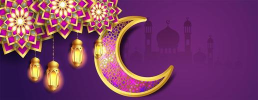 Banner de Ramadán Kareem de luna púrpura y oro adornado