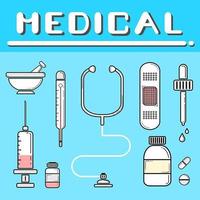 Set of flat style medical tools on blue vector