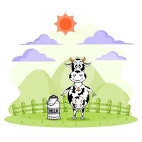 Cartoon of cow and milk bucket on farm vector