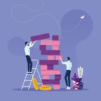 Two Businessmen Playing Wooden Block Tower Game vector