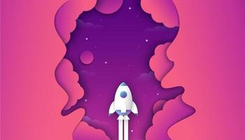 Paper Cut Style Rocket Flying in Clouds vector