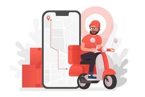 Delviery man on scooter in front of phone vector