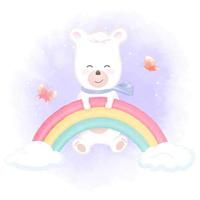 Bear hanging on rainbow with butterflies vector