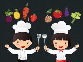 Boy and Girl Chef Under Vegetables vector