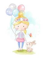 Girl Holding Balloons and Rabbit vector