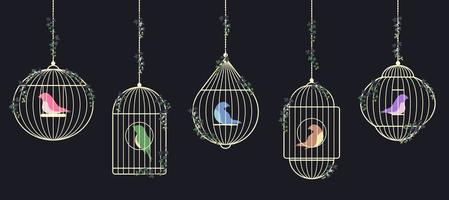 Set of Birds in Golden Cages vector