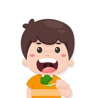 Vector de dibujos animados niño comiendo un brócoli vegetales saludables son un delicioso desayuno.