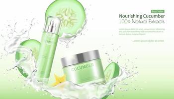 Cream facial mask with splashing water and cucumber slices vector