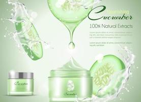 Cucumber cream with splashing of water. vector