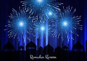 Fondo de Ramadán Kareem con silueta de mezquita y fuegos artificiales vector