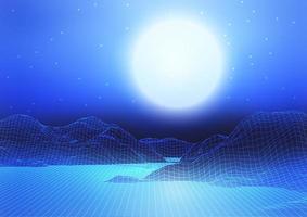 Abstract Wireframe Landscape with Moon and Starry Sky vector