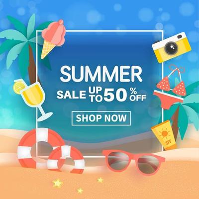 Summer sale banner with summer elements in frame