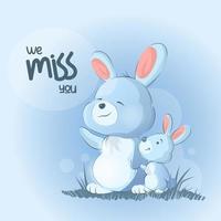 Cute bunnies with We miss you text vector