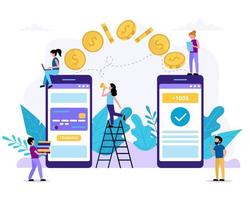 Small People Sending Money via Smartphone vector