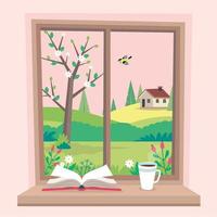 ventana de primavera con vista, un libro y café vector