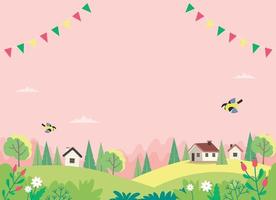 Spring landscape with houses, fields and nature vector