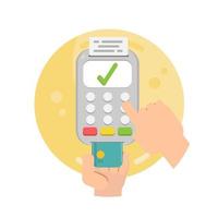 Manos sujetando la tarjeta de crédito mediante terminal POS vector