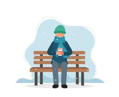 Man sitting on bench in winter with coffee vector