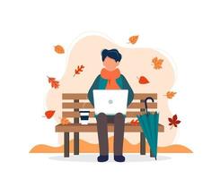 Man with laptop on bench in autumn vector