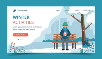 Man on bench in winter with coffee landing page vector