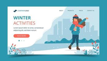 Girl in winter with coffee cup landing page vector