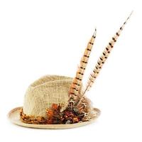 Hunting hat with pheasant feathers isolated on white. photo