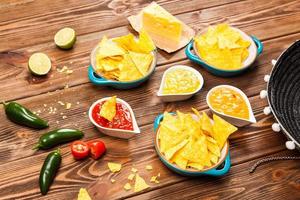 Plate of nachos with different dips photo