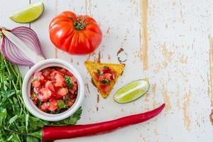 salsa e ingredientes de salsa: tomates, chile, cebolla, lima, perejil foto