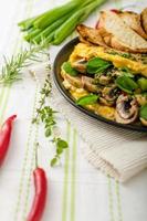 Omelet with mushrooms, lamb's lettuce, herbs and chilli photo