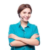 Portrait of happy smiling cheerful young support phone operator photo