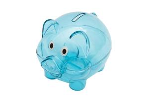 Empty glass piggy bank isolated on white photo