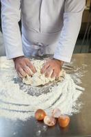 Close up of baker kneading dough photo