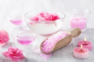 pink flower salt and essential oil for spa