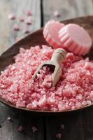 Spa concept with soap and pink salt photo