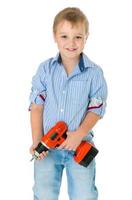 Caucasian handsome little boy is holding a screwdriver photo