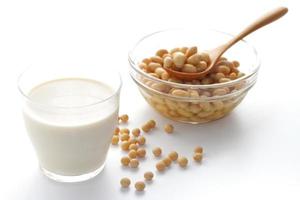 soy milk with soy beans over white