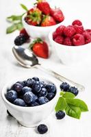 Berries in bowls  on Wooden Background. photo