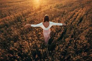 Beautiful brunette lady in wheat field at sunset photo