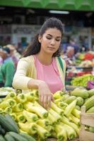 Bastante joven mujer comprando verduras en el mercado foto