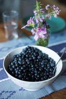 Bowl of freshly picked blueberries on table photo