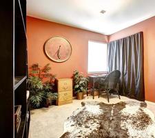 Bright orange room with cow skin rug